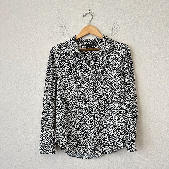 SOMETHING NAVY Leopard Print Button-Up Long Sleeve Shirt in Cream/Black - Picture 1 of 10